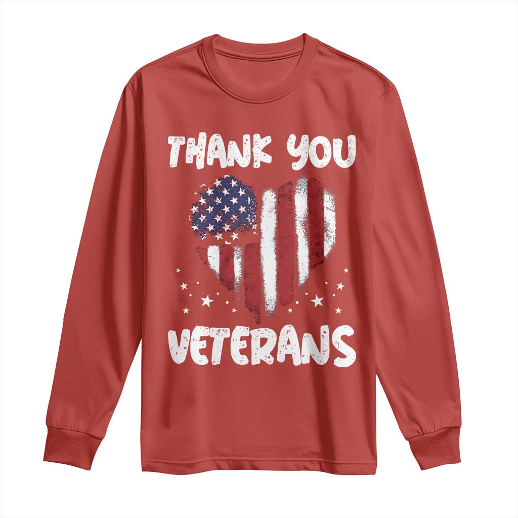 Thank You Veterans Long Sleeve Shirt Patriotic Veterans Day Grunge USA Flag Heart - Wonder Print Shop
