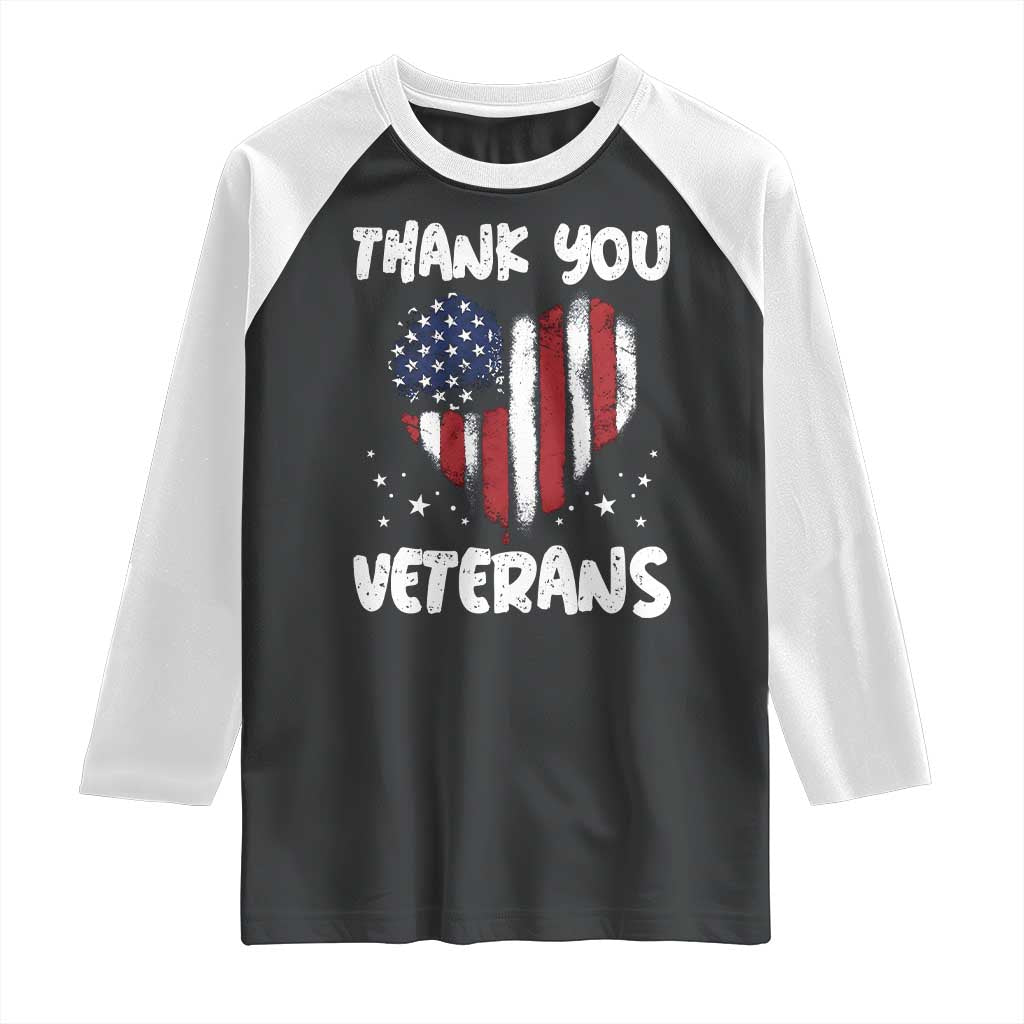 Thank You Veterans Raglan Shirt Patriotic Veterans Day Grunge USA Flag Heart - Wonder Print Shop