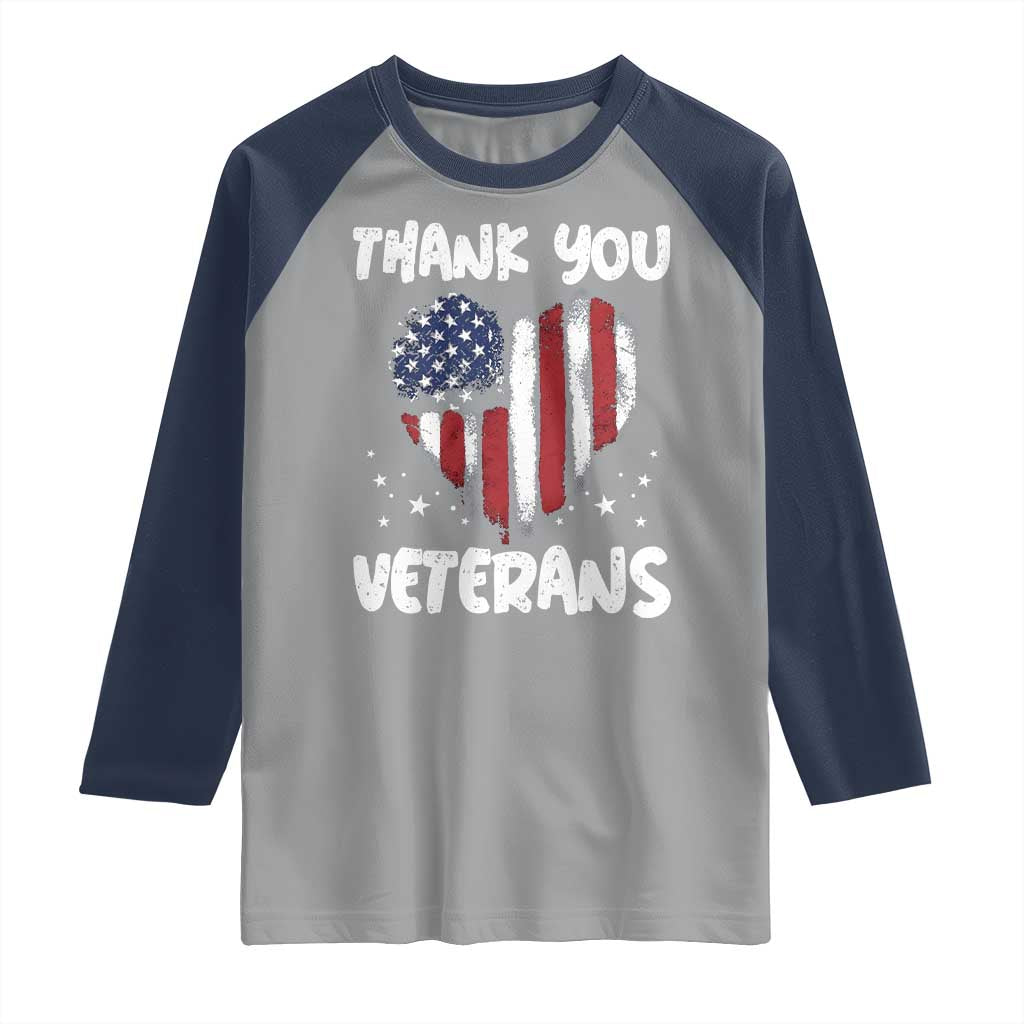 Thank You Veterans Raglan Shirt Patriotic Veterans Day Grunge USA Flag Heart - Wonder Print Shop