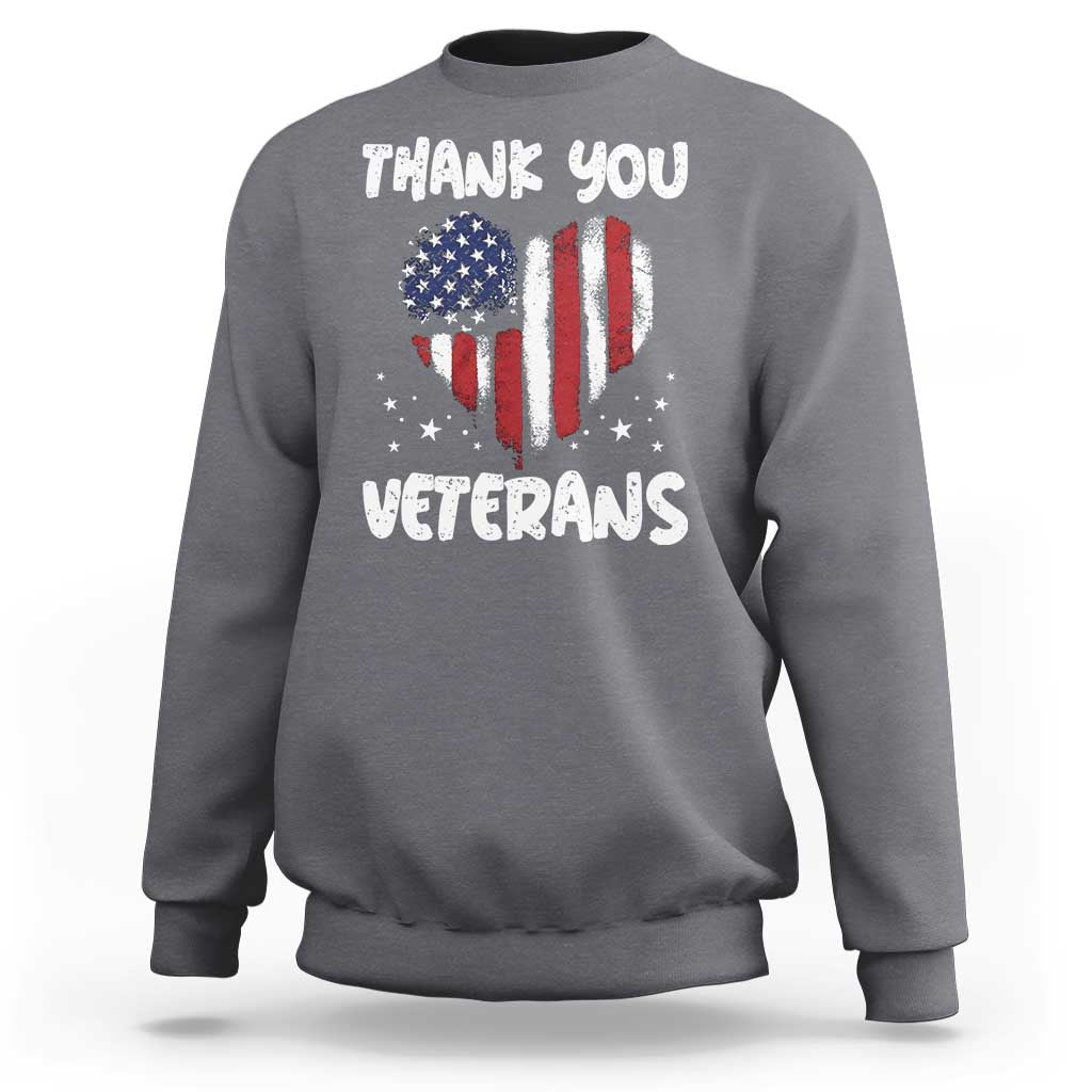 Thank You Veterans Sweatshirt Patriotic Veterans Day Grunge USA Flag Heart - Wonder Print Shop