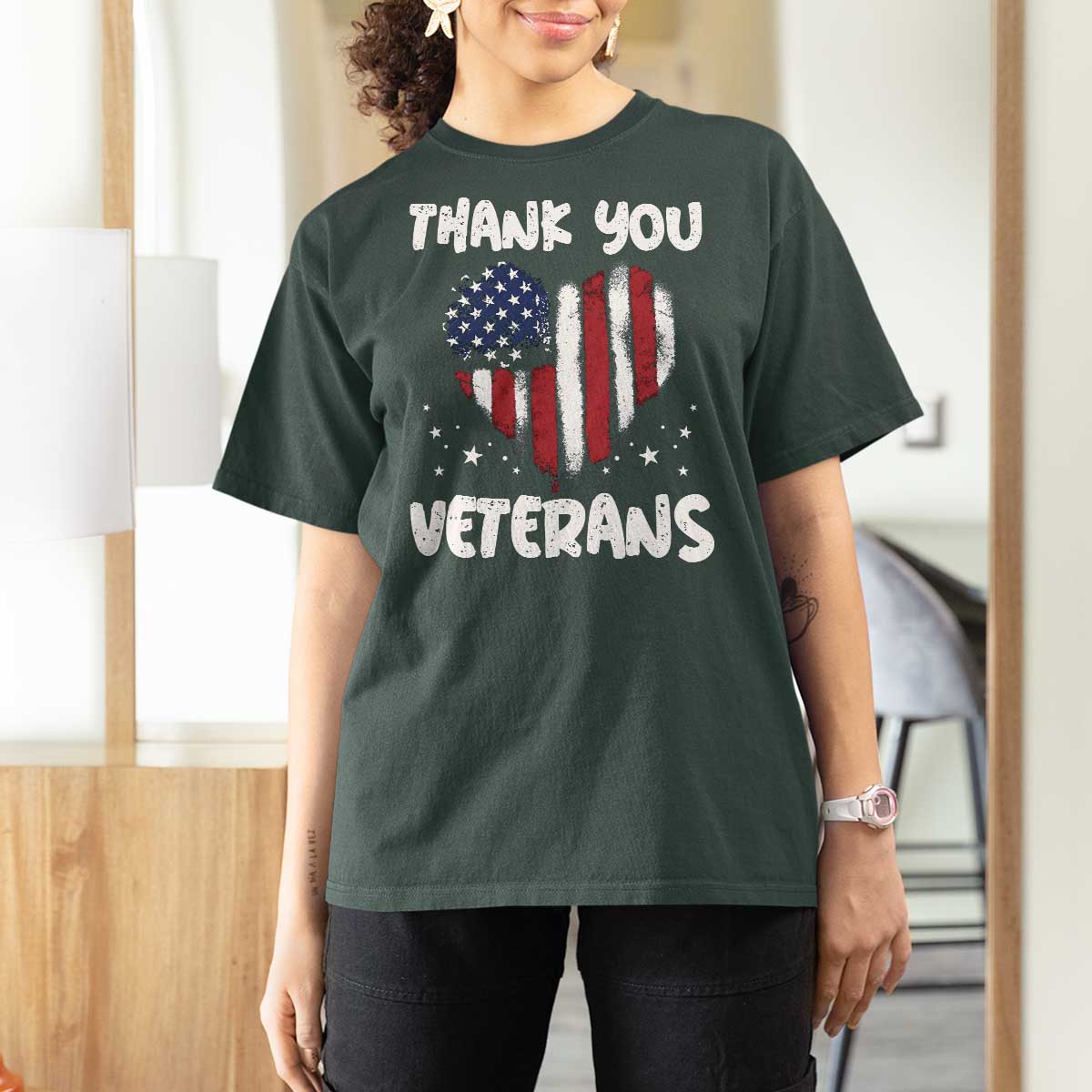 Thank You Veterans T Shirt For Women Patriotic Veterans Day Grunge USA Flag Heart - Wonder Print Shop