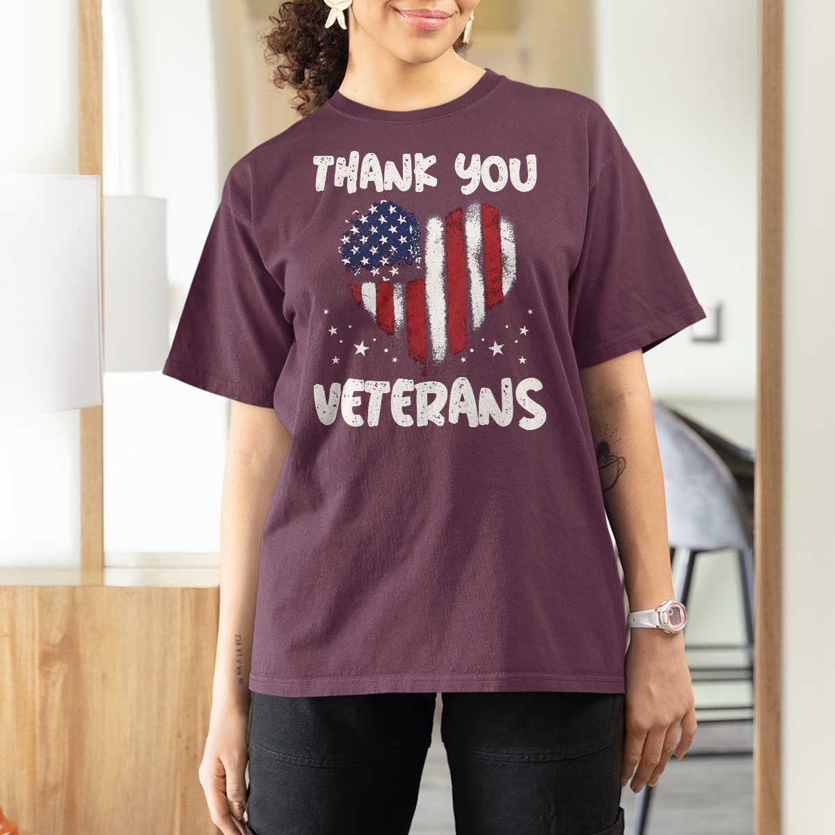 Thank You Veterans T Shirt For Women Patriotic Veterans Day Grunge USA Flag Heart - Wonder Print Shop