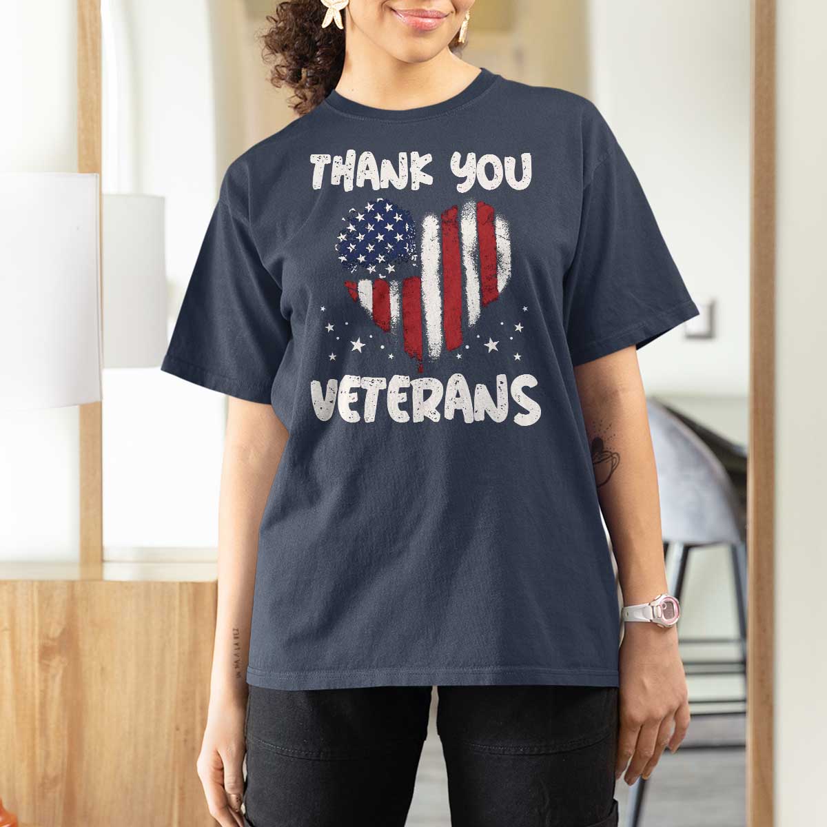 Thank You Veterans T Shirt For Women Patriotic Veterans Day Grunge USA Flag Heart - Wonder Print Shop