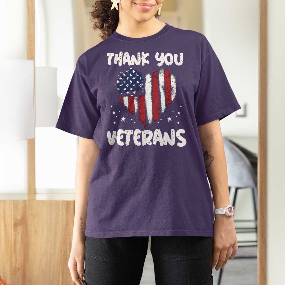 Thank You Veterans T Shirt For Women Patriotic Veterans Day Grunge USA Flag Heart - Wonder Print Shop
