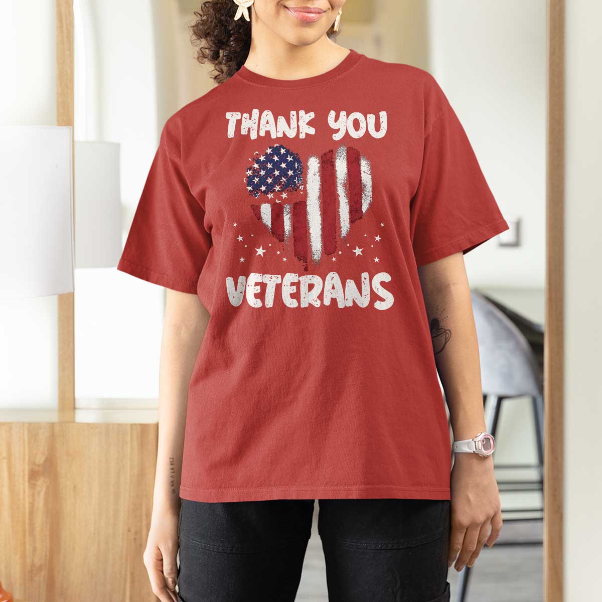 Thank You Veterans T Shirt For Women Patriotic Veterans Day Grunge USA Flag Heart - Wonder Print Shop