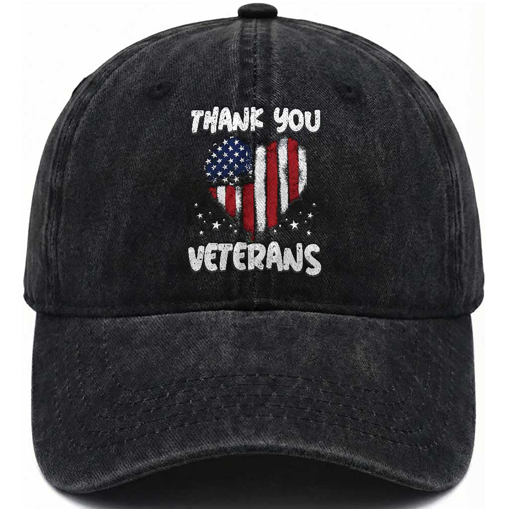 Thank You Veterans Washed Cotton Baseball Cap Patriotic Veterans Day Grunge USA Flag Heart