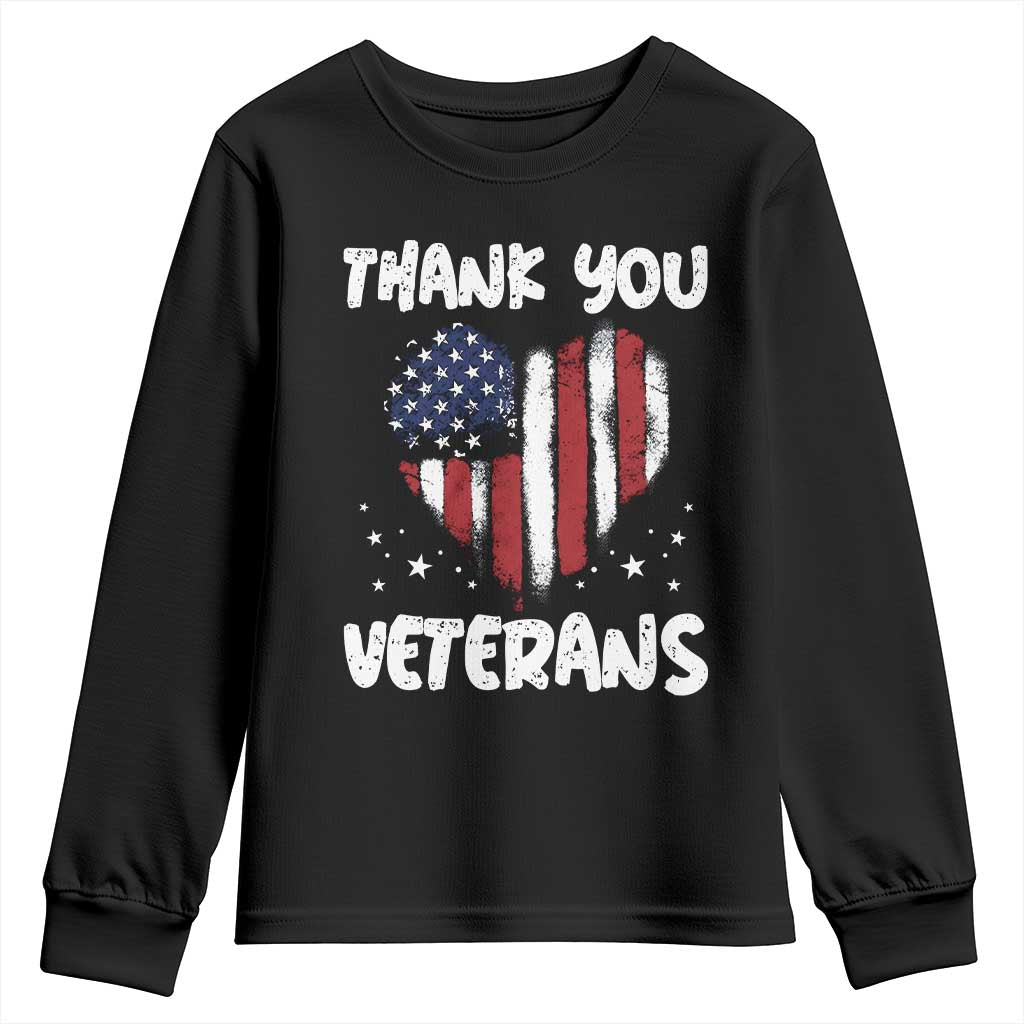 Thank You Veterans Youth Sweatshirt Patriotic Veterans Day Grunge USA Flag Heart - Wonder Print Shop