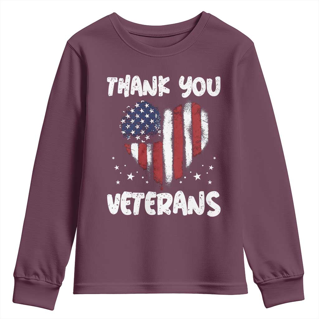 Thank You Veterans Youth Sweatshirt Patriotic Veterans Day Grunge USA Flag Heart - Wonder Print Shop