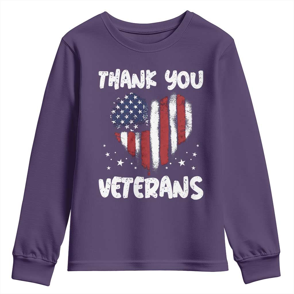 Thank You Veterans Youth Sweatshirt Patriotic Veterans Day Grunge USA Flag Heart - Wonder Print Shop