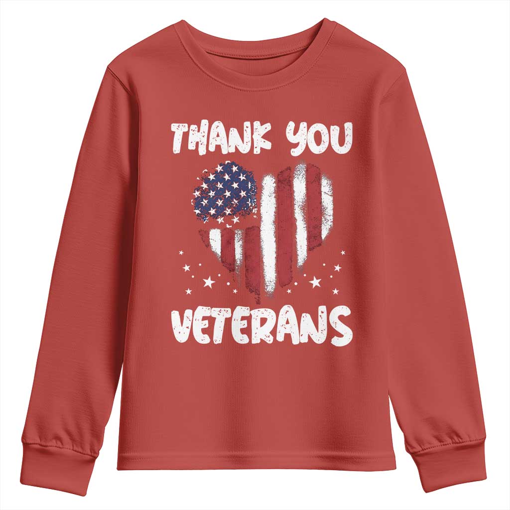 Thank You Veterans Youth Sweatshirt Patriotic Veterans Day Grunge USA Flag Heart - Wonder Print Shop