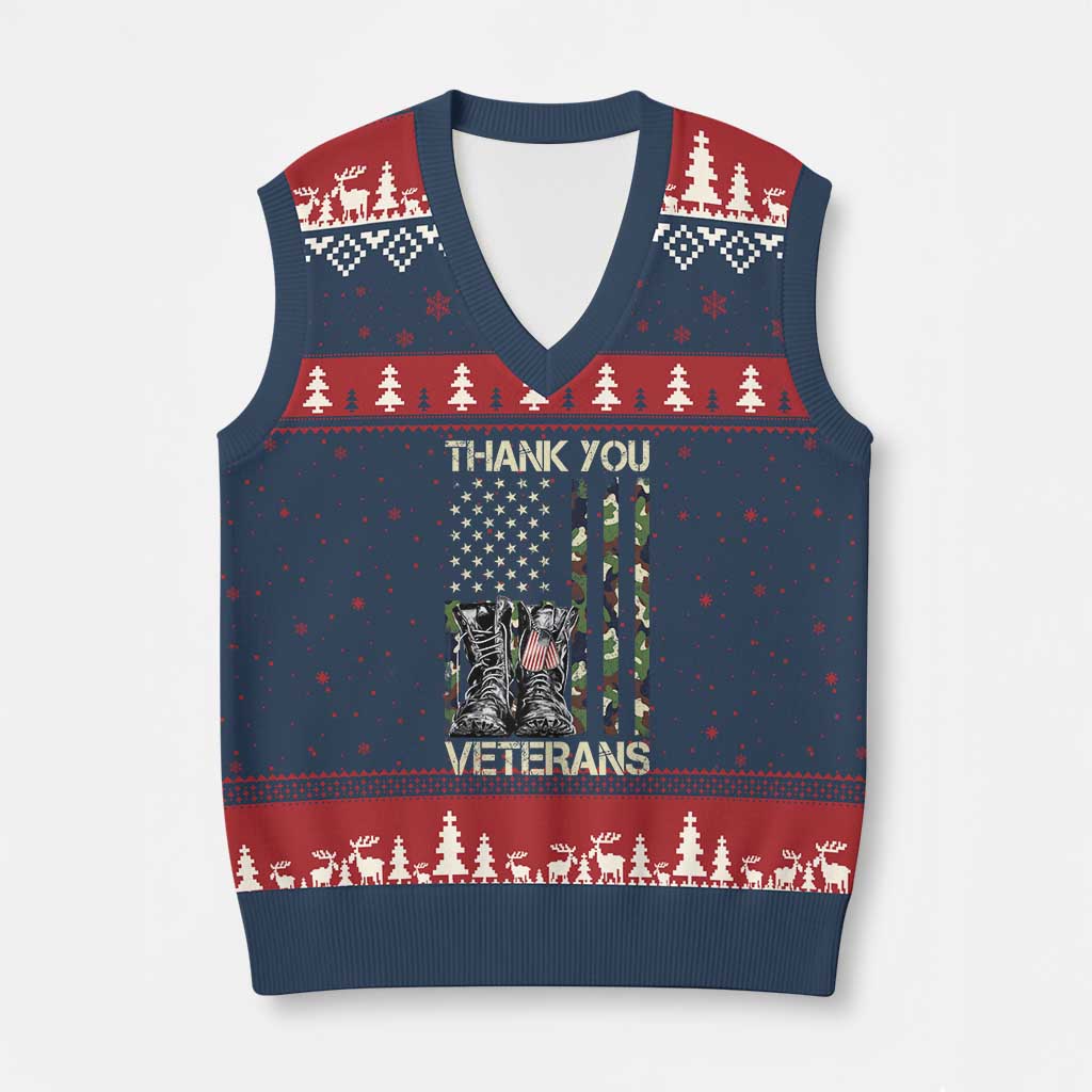 Thank You Veterans V-Neck Knit Sweater Vest Camo American Flag Military Supportive Veterans Day - Wonder Print Shop