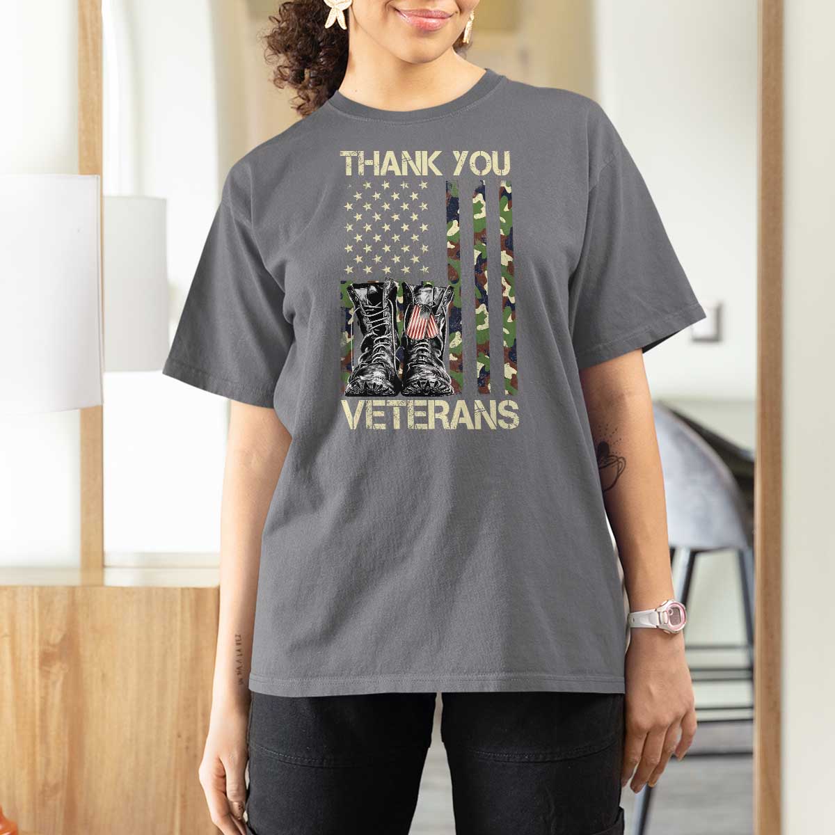 Thank You Veterans T Shirt For Women Camo American Flag Military Supportive Veterans Day - Wonder Print Shop