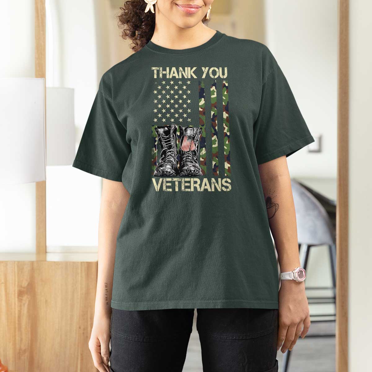 Thank You Veterans T Shirt For Women Camo American Flag Military Supportive Veterans Day - Wonder Print Shop