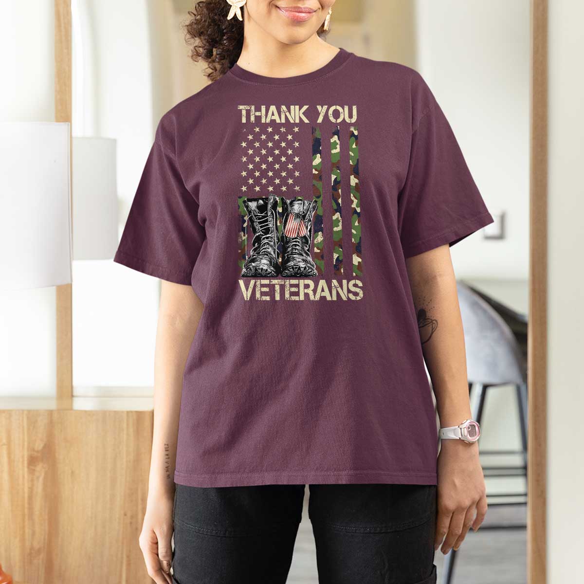 Thank You Veterans T Shirt For Women Camo American Flag Military Supportive Veterans Day - Wonder Print Shop
