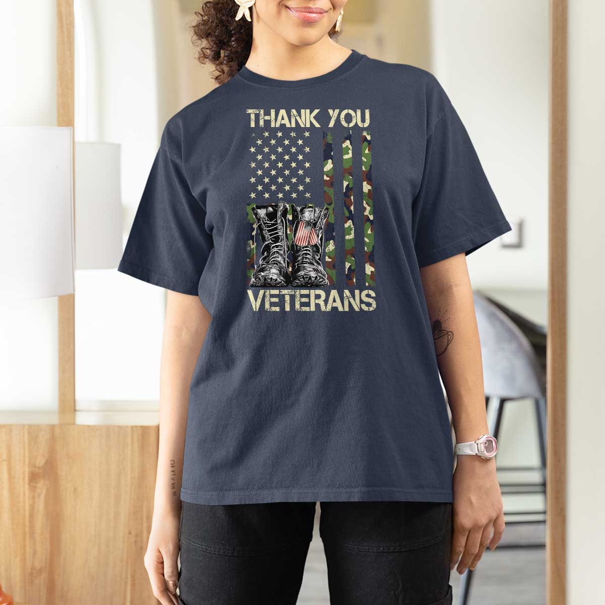 Thank You Veterans T Shirt For Women Camo American Flag Military Supportive Veterans Day - Wonder Print Shop