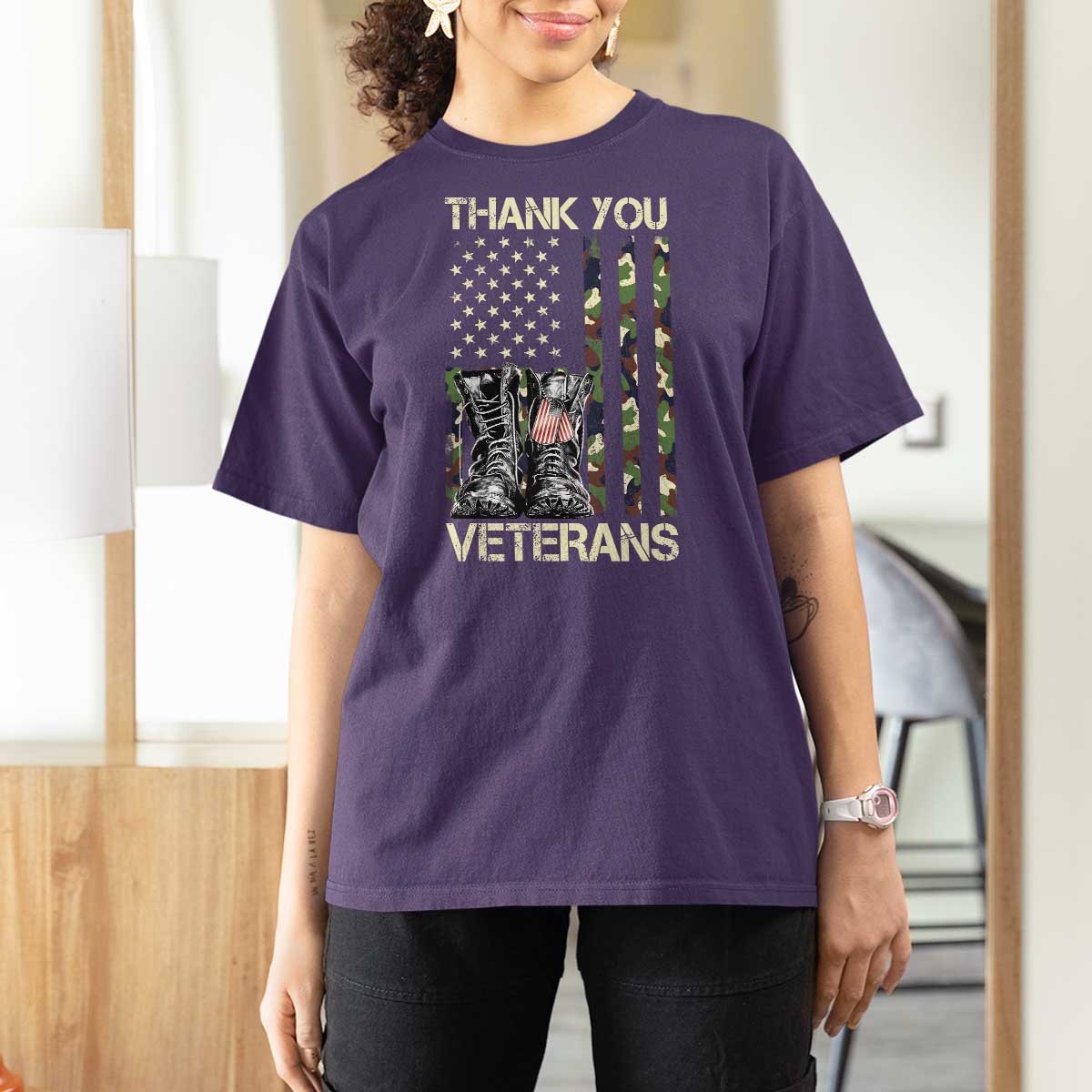 Thank You Veterans T Shirt For Women Camo American Flag Military Supportive Veterans Day - Wonder Print Shop