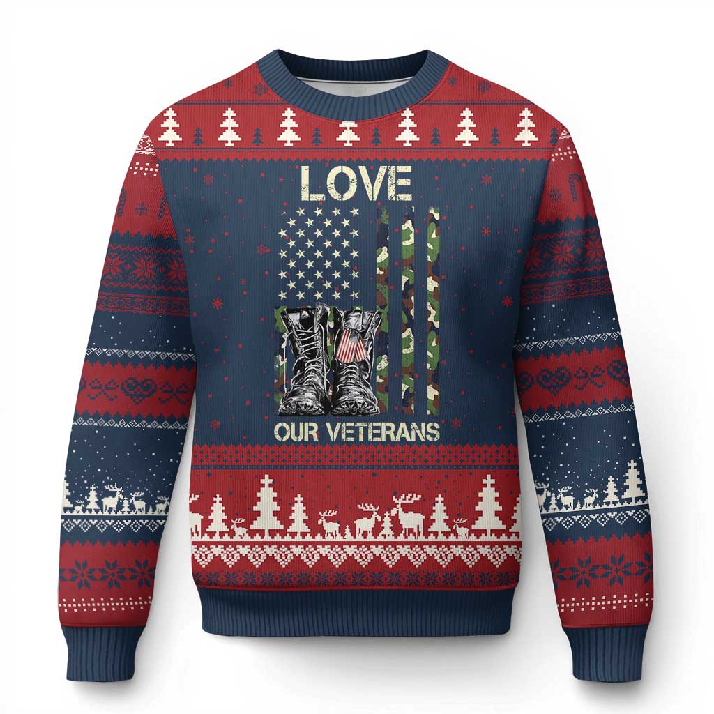 Love Our Veterans Ugly Christmas Sweater Camo American Flag Military Supportive Veterans Day - Wonder Print Shop