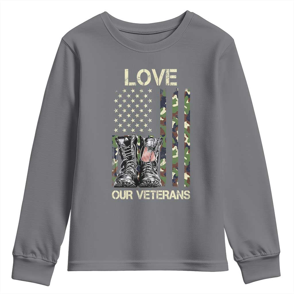 Love Our Veterans Youth Sweatshirt Camo American Flag Military Supportive Veterans Day - Wonder Print Shop