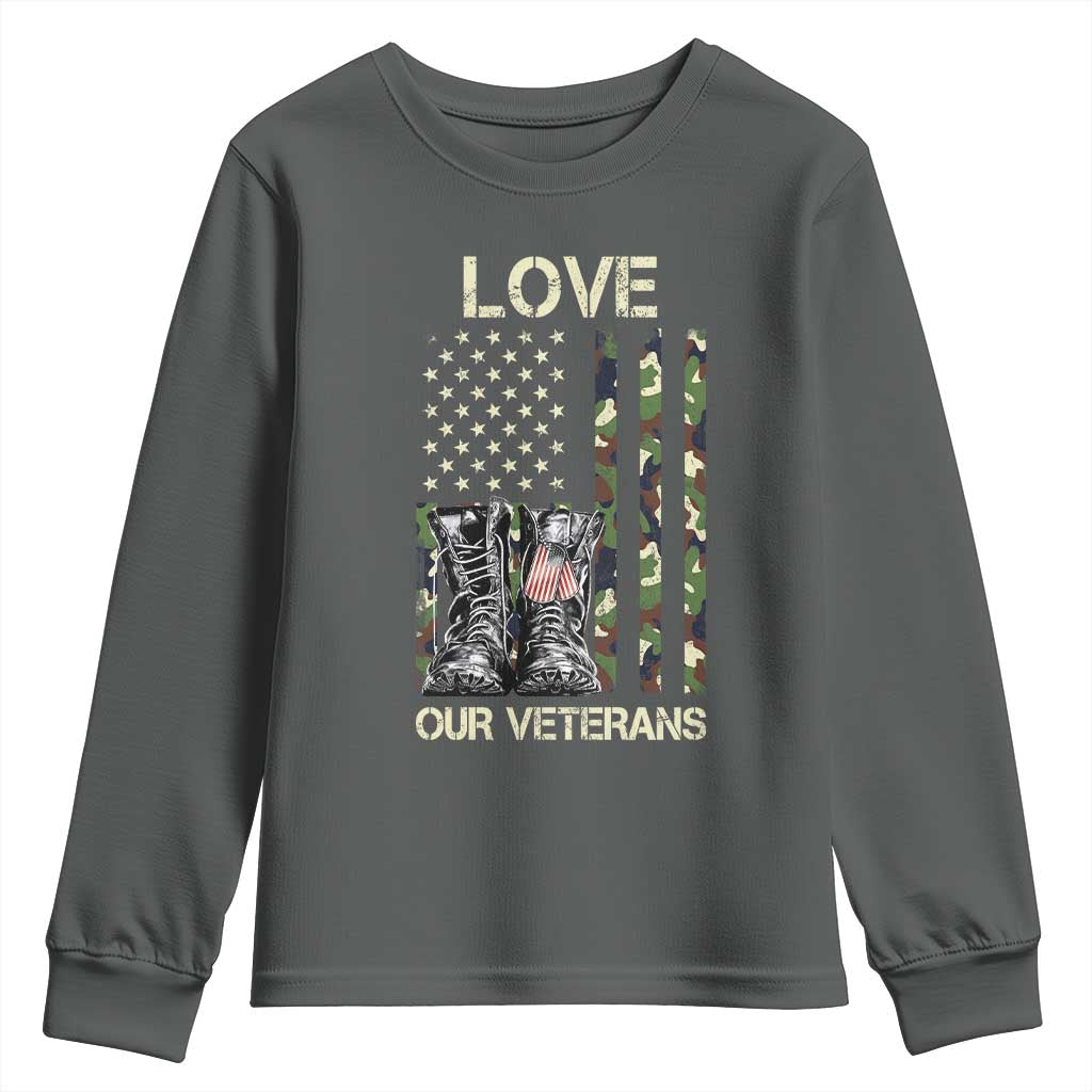 Love Our Veterans Youth Sweatshirt Camo American Flag Military Supportive Veterans Day - Wonder Print Shop