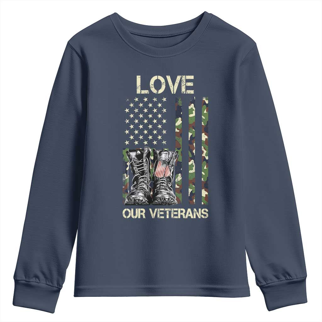 Love Our Veterans Youth Sweatshirt Camo American Flag Military Supportive Veterans Day - Wonder Print Shop
