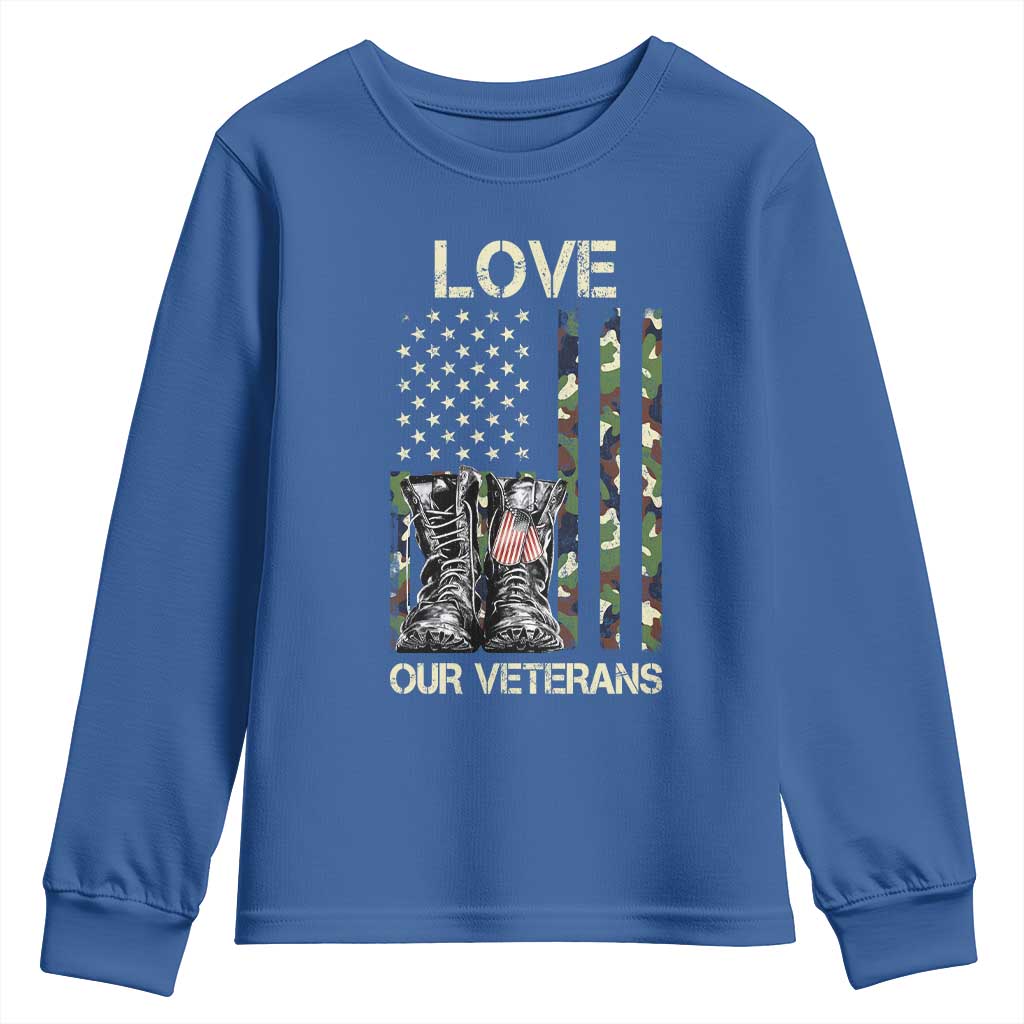 Love Our Veterans Youth Sweatshirt Camo American Flag Military Supportive Veterans Day - Wonder Print Shop