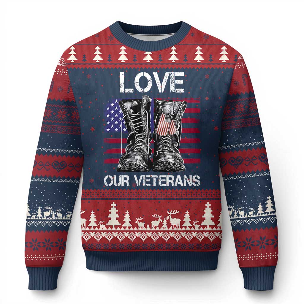 Love Our Veterans Ugly Christmas Sweater American Flag Military Supportive Veterans Day - Wonder Print Shop