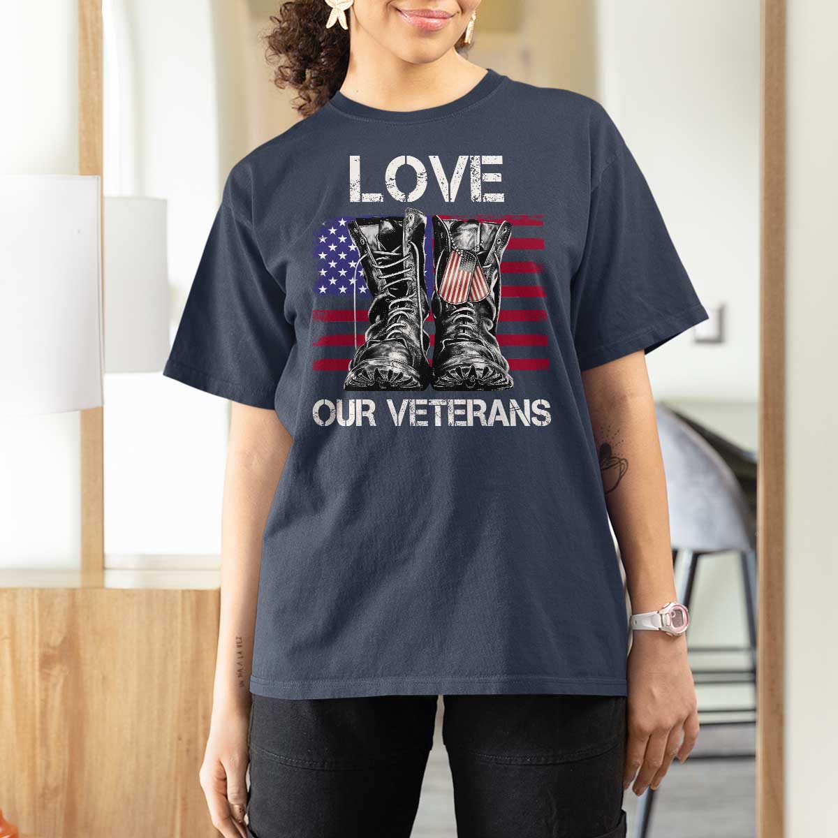 Love Our Veterans T Shirt For Women American Flag Military Supportive Veterans Day - Wonder Print Shop