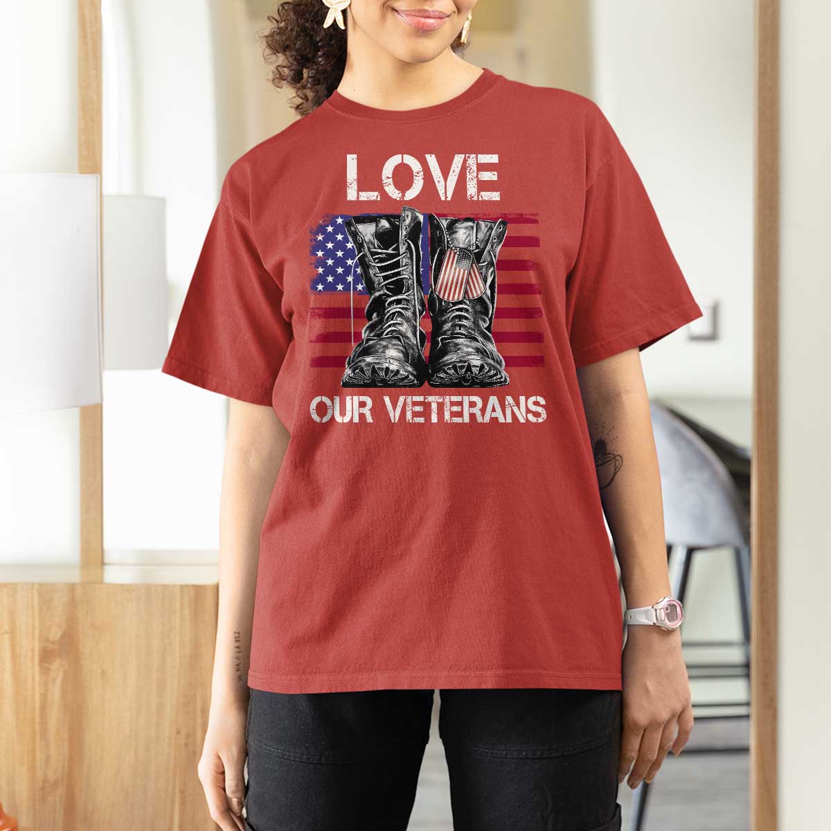 Love Our Veterans T Shirt For Women American Flag Military Supportive Veterans Day - Wonder Print Shop
