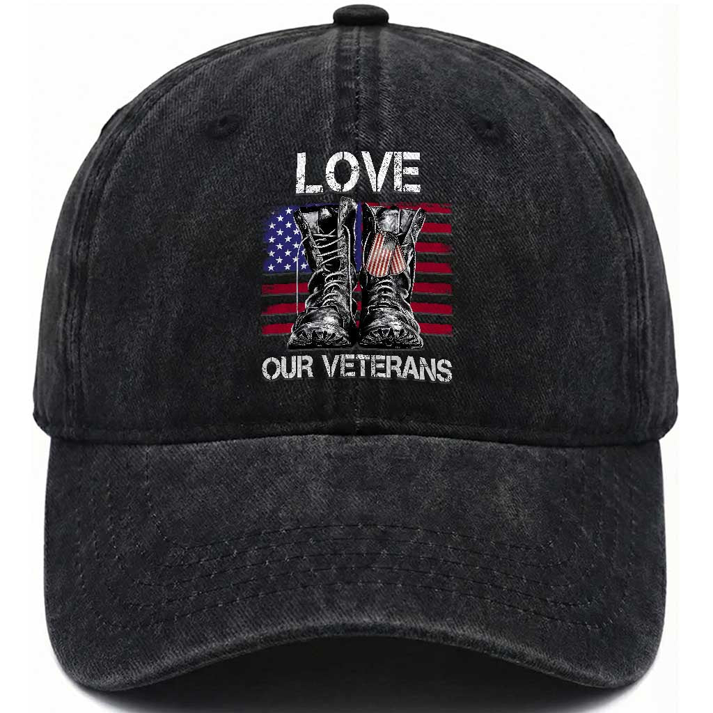 Love Our Veterans Washed Cotton Baseball Cap American Flag Military Supportive Veterans Day