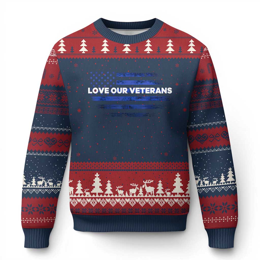 Love Our Veterans Ugly Christmas Sweater Veterans Day Grunge American Flag - Wonder Print Shop