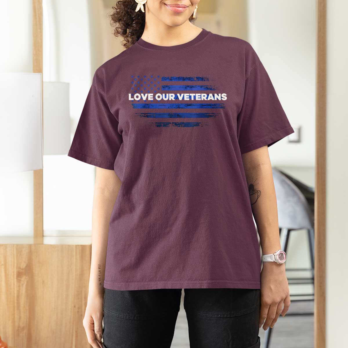 Love Our Veterans T Shirt For Women Veterans Day Grunge American Flag - Wonder Print Shop