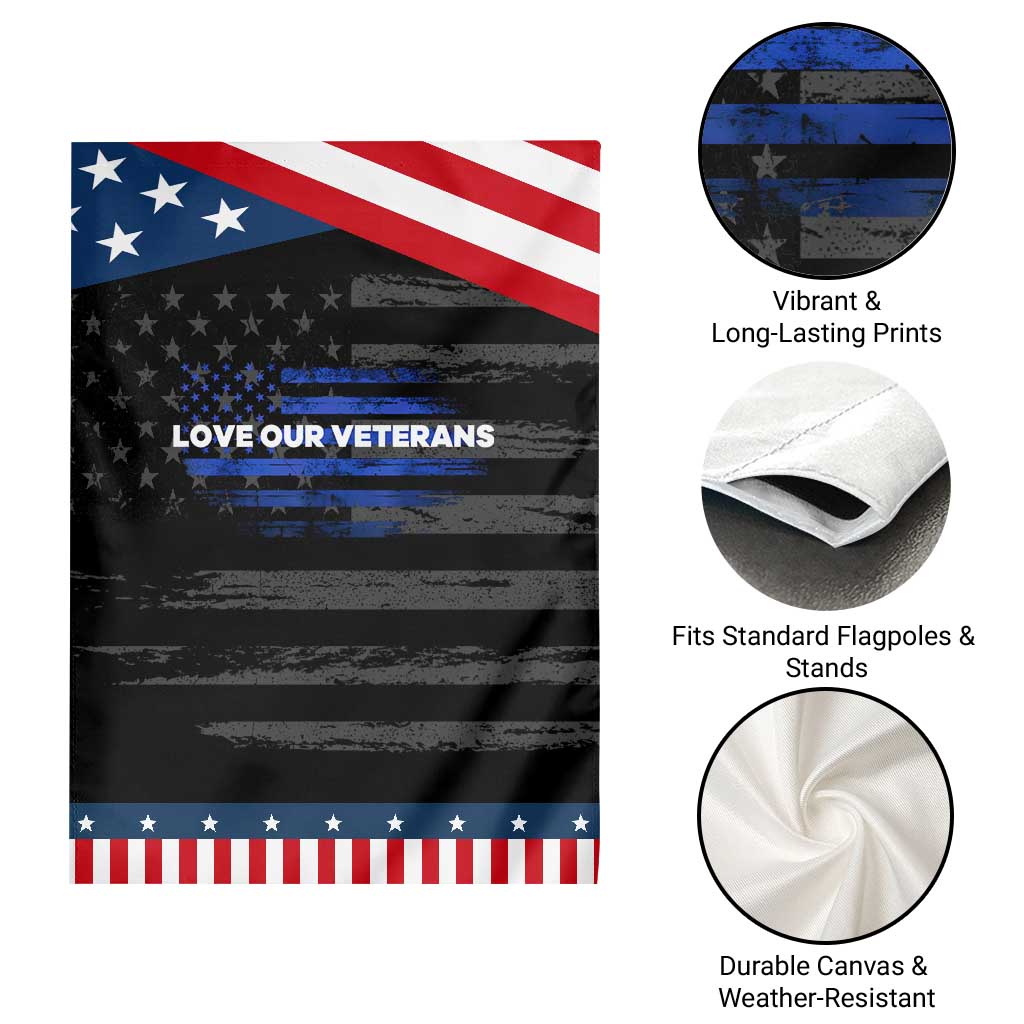Love Our Veterans Garden Flag Veterans Day Grunge American Flag