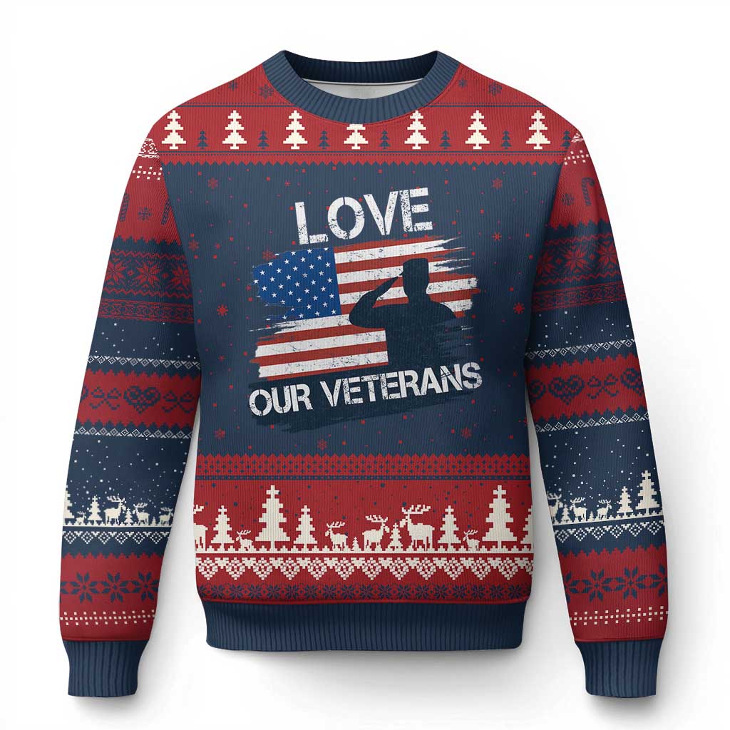 Love Our Veterans Ugly Christmas Sweater Veterans Day Military Appreciation US Flag - Wonder Print Shop