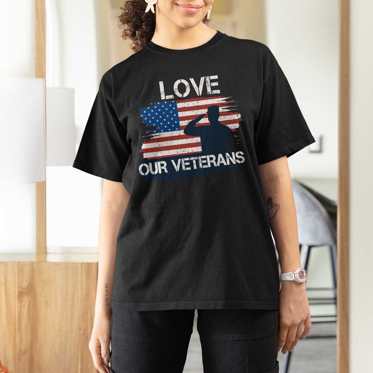 Love Our Veterans T Shirt For Women Veterans Day Military Appreciation US Flag - Wonder Print Shop