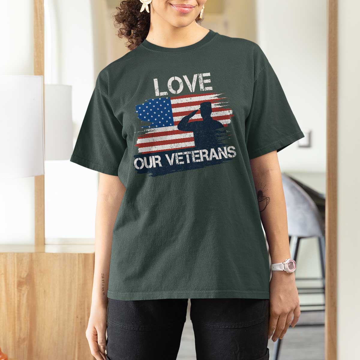 Love Our Veterans T Shirt For Women Veterans Day Military Appreciation US Flag - Wonder Print Shop