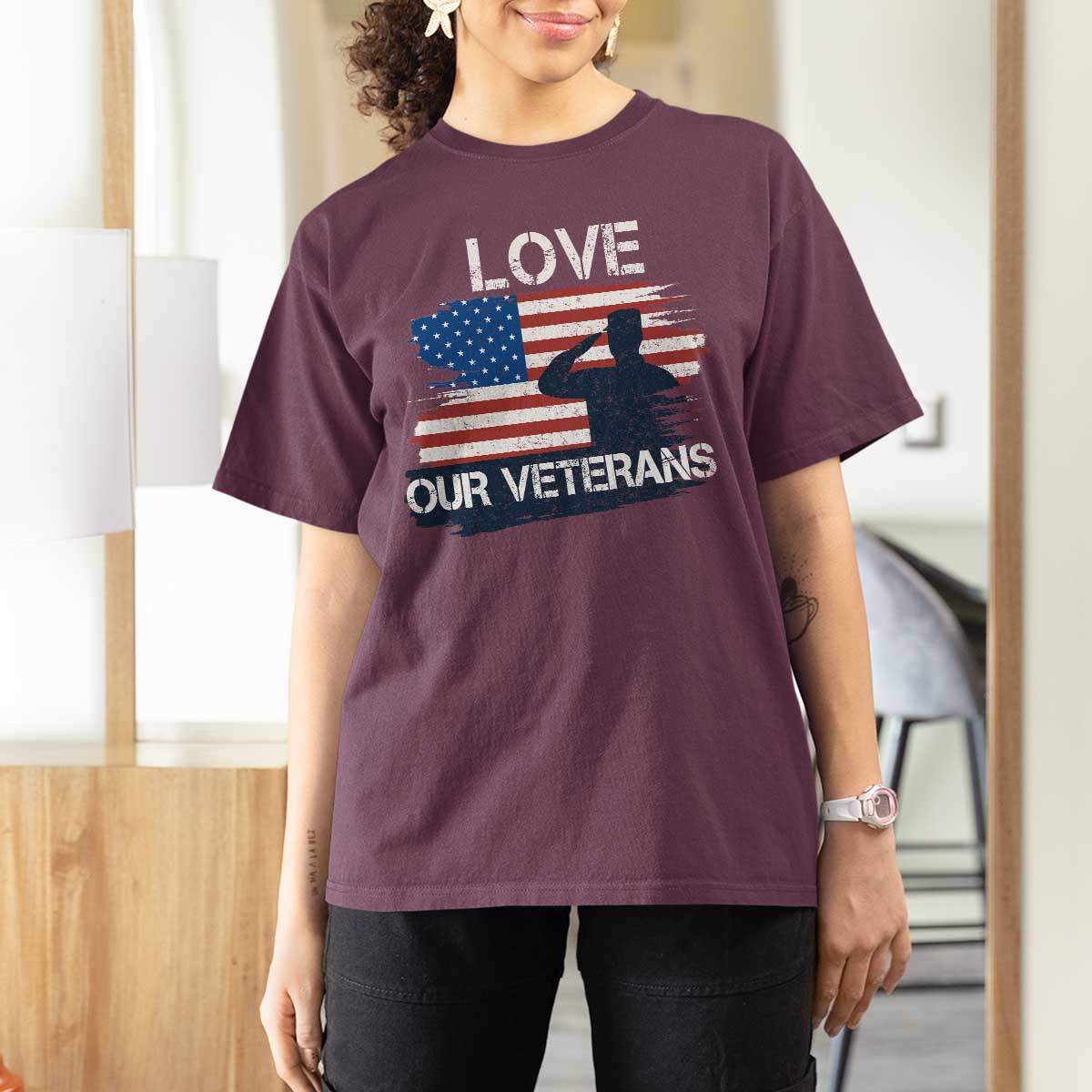 Love Our Veterans T Shirt For Women Veterans Day Military Appreciation US Flag - Wonder Print Shop