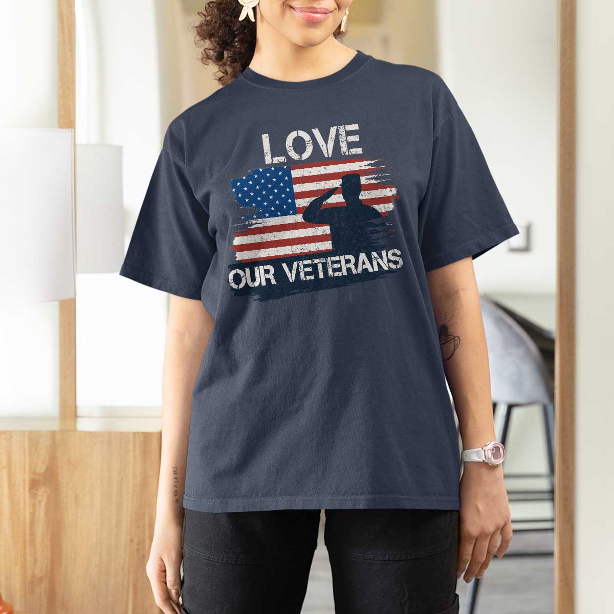 Love Our Veterans T Shirt For Women Veterans Day Military Appreciation US Flag - Wonder Print Shop