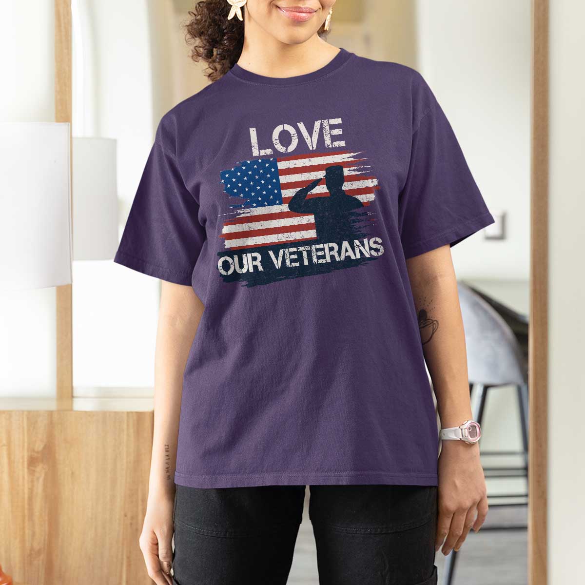 Love Our Veterans T Shirt For Women Veterans Day Military Appreciation US Flag - Wonder Print Shop