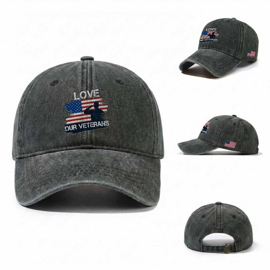 Love Our Veterans Washed Cotton Baseball Cap Veterans Day Military Appreciation US Flag