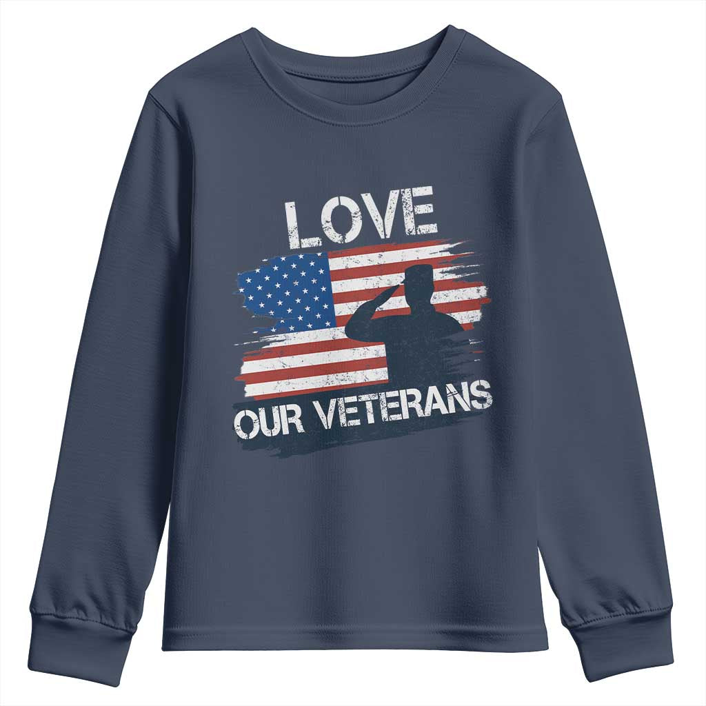 Love Our Veterans Youth Sweatshirt Veterans Day Military Appreciation US Flag - Wonder Print Shop