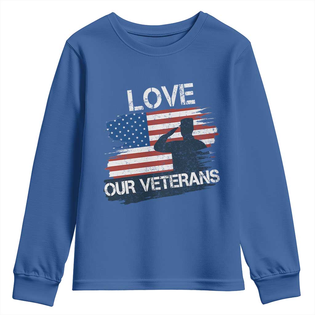 Love Our Veterans Youth Sweatshirt Veterans Day Military Appreciation US Flag - Wonder Print Shop