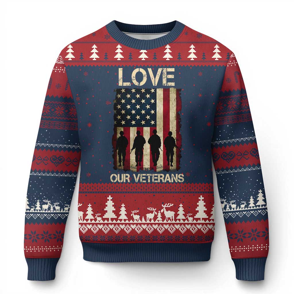 Love Our Veterans Ugly Christmas Sweater US Veterans Day Proud Military Family US Flag - Wonder Print Shop