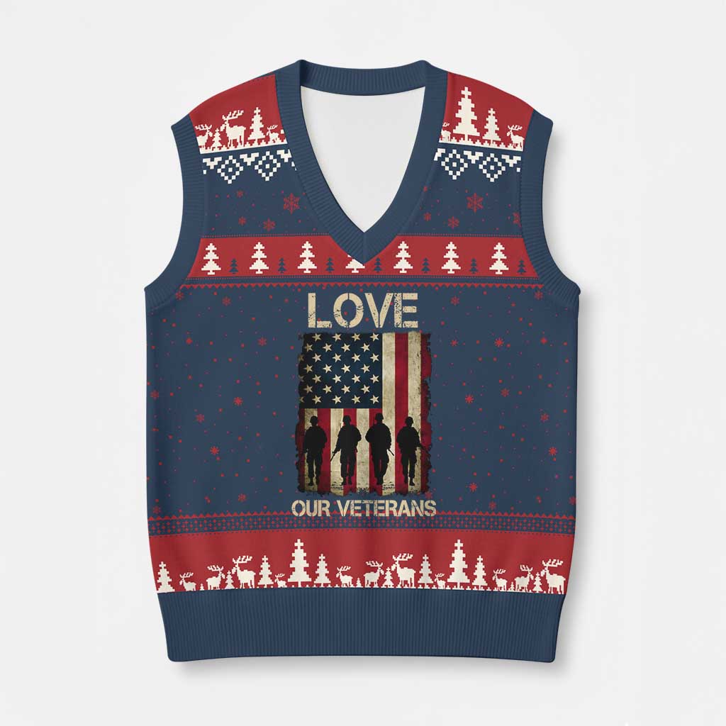 Love Our Veterans V-Neck Knit Sweater Vest US Veterans Day Proud Military Family US Flag - Wonder Print Shop