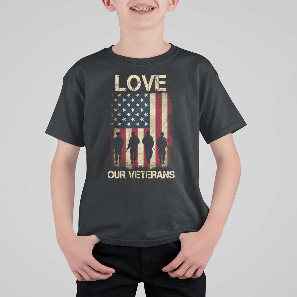 Love Our Veterans T Shirt For Kid US Veterans Day Proud Military Family US Flag - Wonder Print Shop