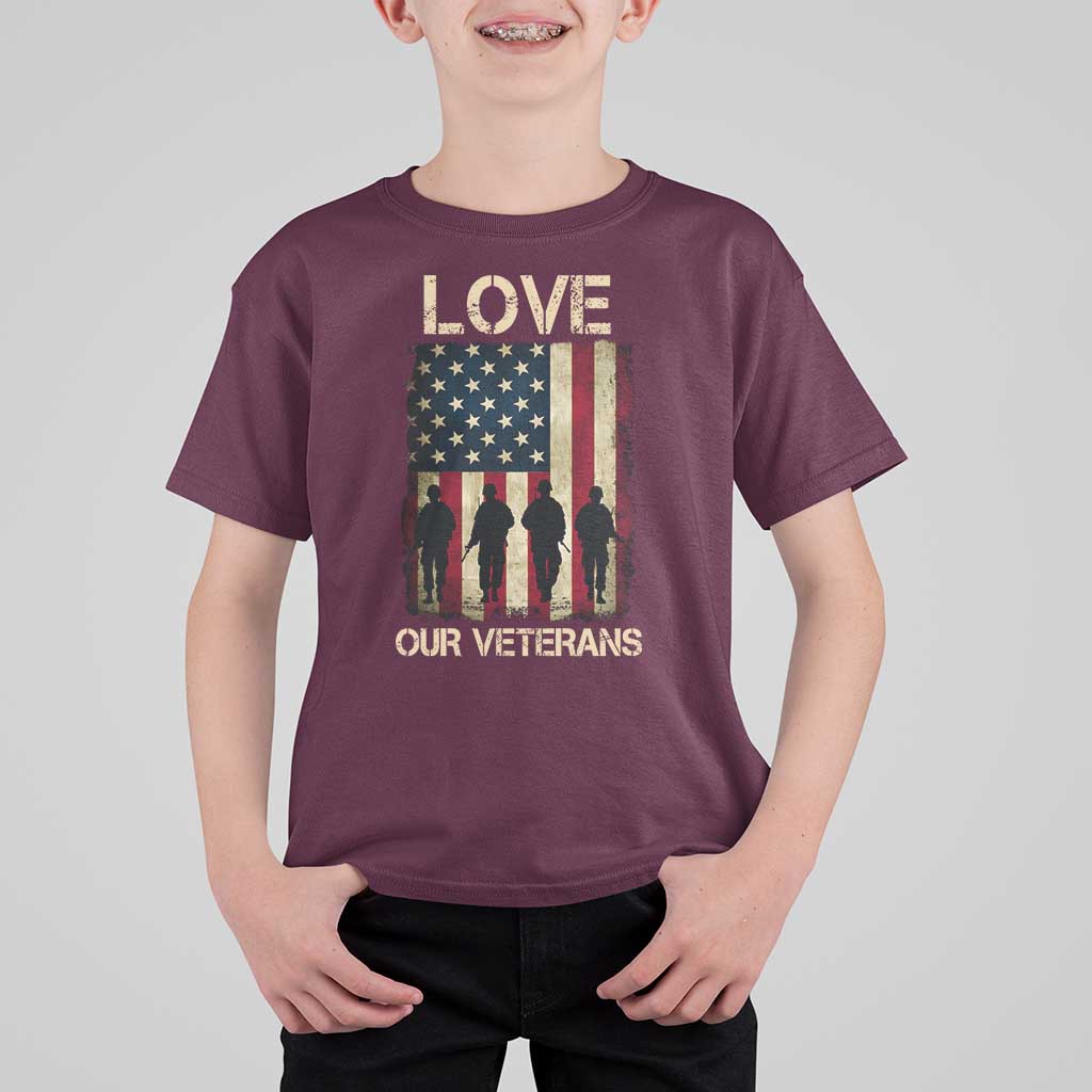 Love Our Veterans T Shirt For Kid US Veterans Day Proud Military Family US Flag - Wonder Print Shop