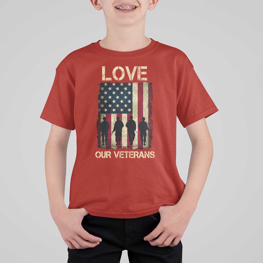 Love Our Veterans T Shirt For Kid US Veterans Day Proud Military Family US Flag - Wonder Print Shop
