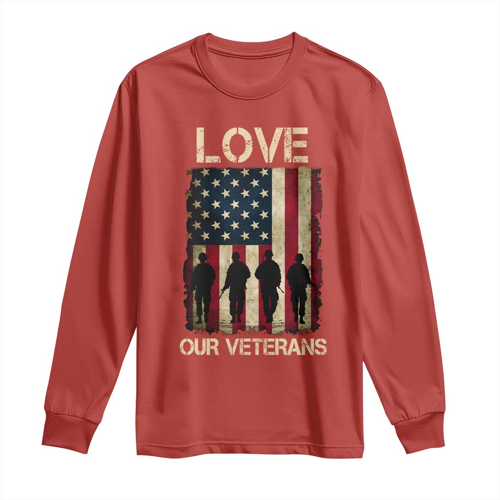 Love Our Veterans Long Sleeve Shirt US Veterans Day Proud Military Family US Flag - Wonder Print Shop