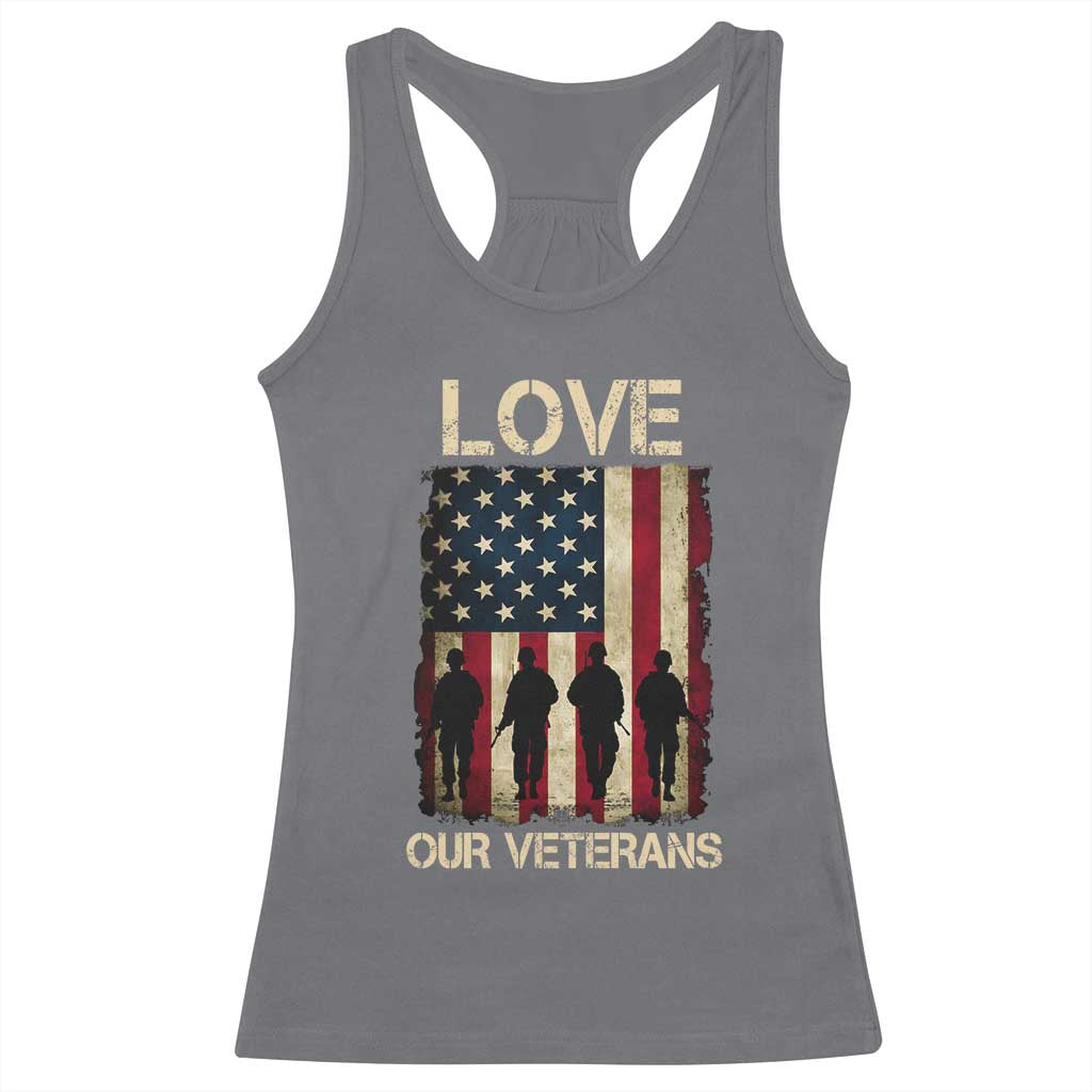 Love Our Veterans Racerback Tank Top US Veterans Day Proud Military Family US Flag - Wonder Print Shop
