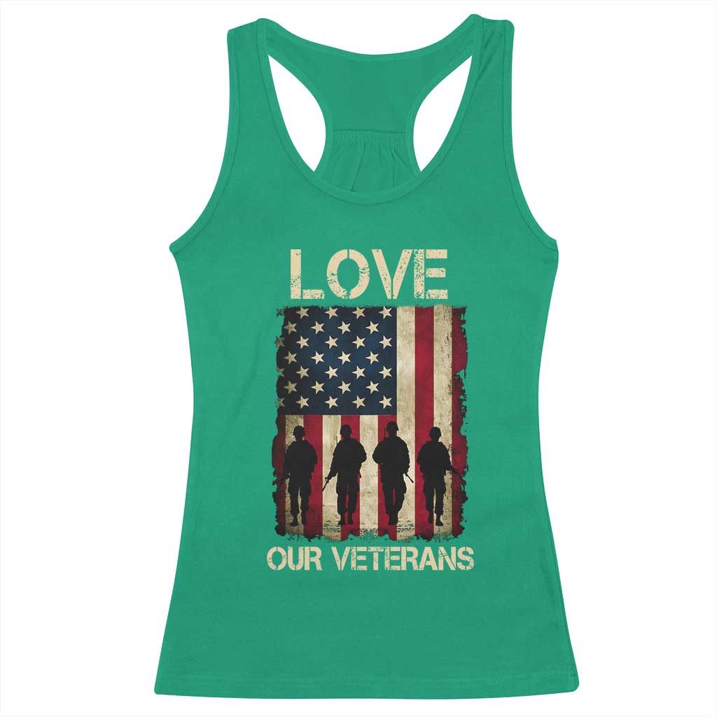 Love Our Veterans Racerback Tank Top US Veterans Day Proud Military Family US Flag - Wonder Print Shop