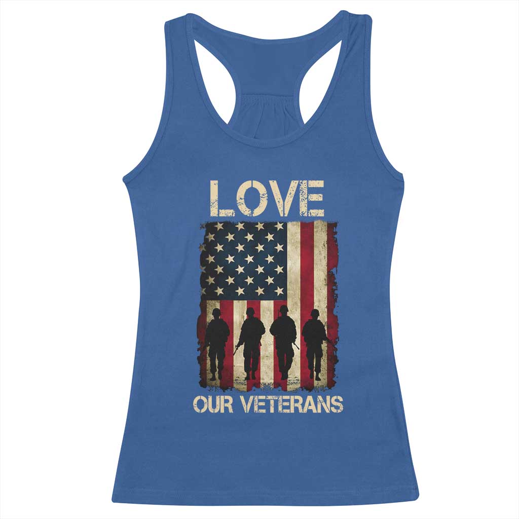 Love Our Veterans Racerback Tank Top US Veterans Day Proud Military Family US Flag - Wonder Print Shop